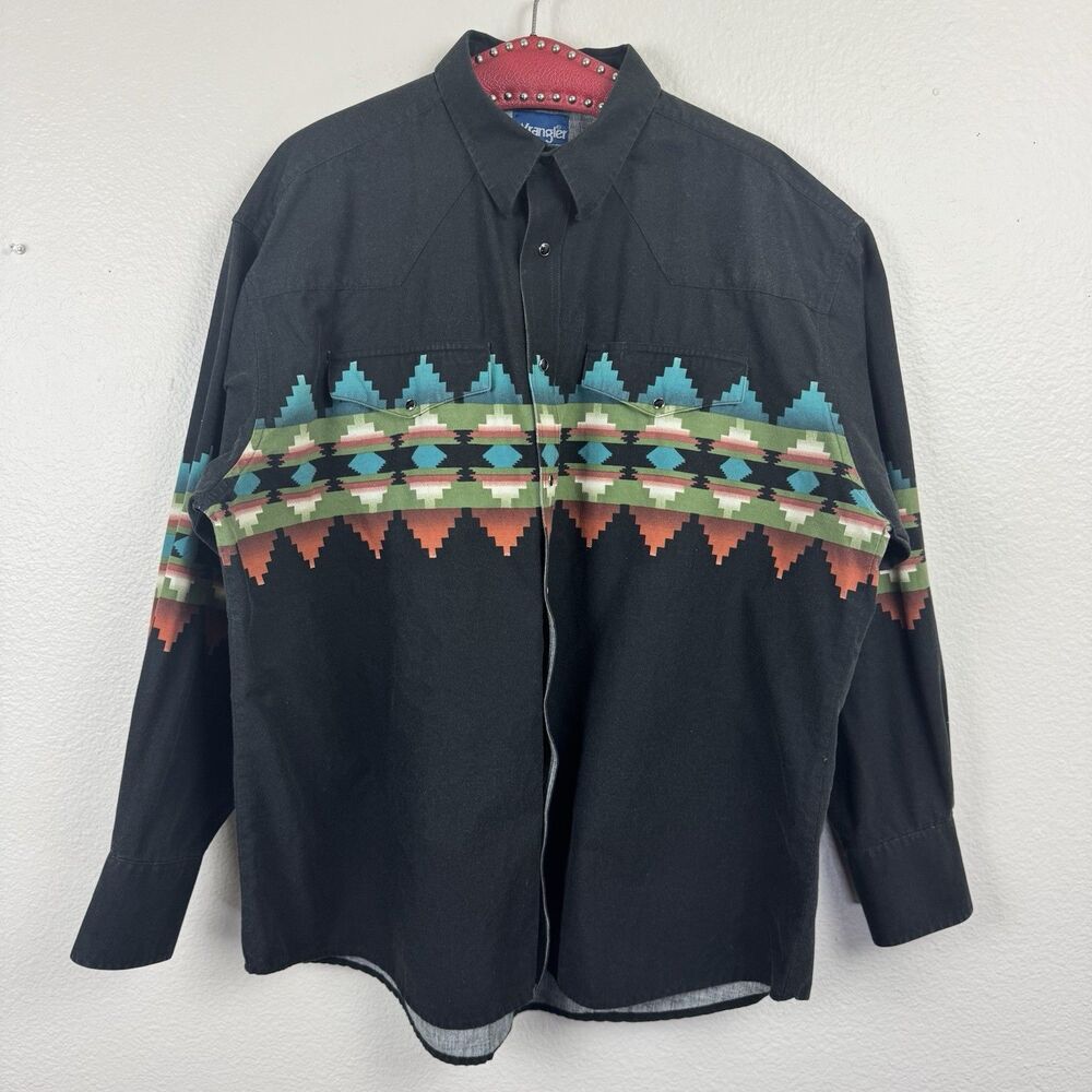 Vintage 90s Wrangler Brushpopper Southwestern Aztec Snap Front Western Shirt XXL